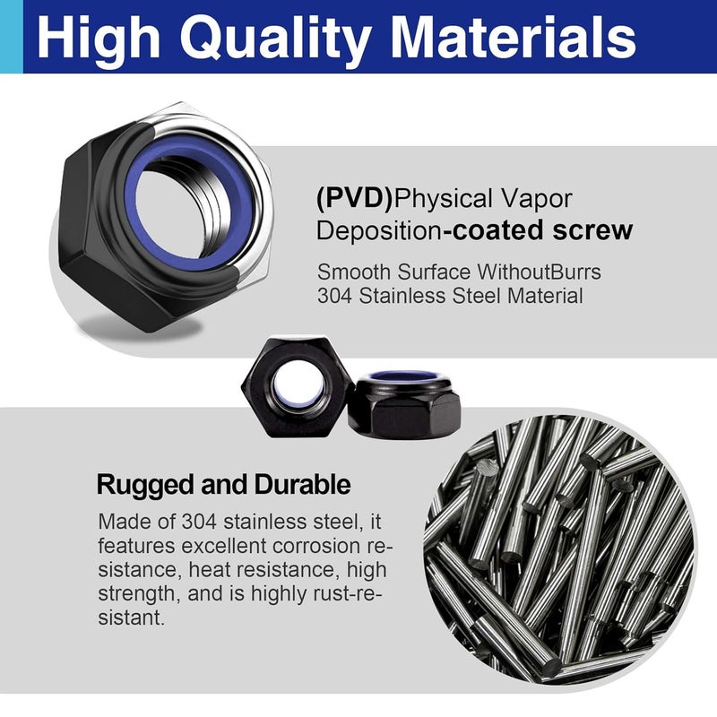 Usdrwam 250 Pcs Lock Nuts Assortment Kit M4 M5 M6, 304 Stainless Steel Black PVD Coated Nylon Insert Hex Nuts - Image 4